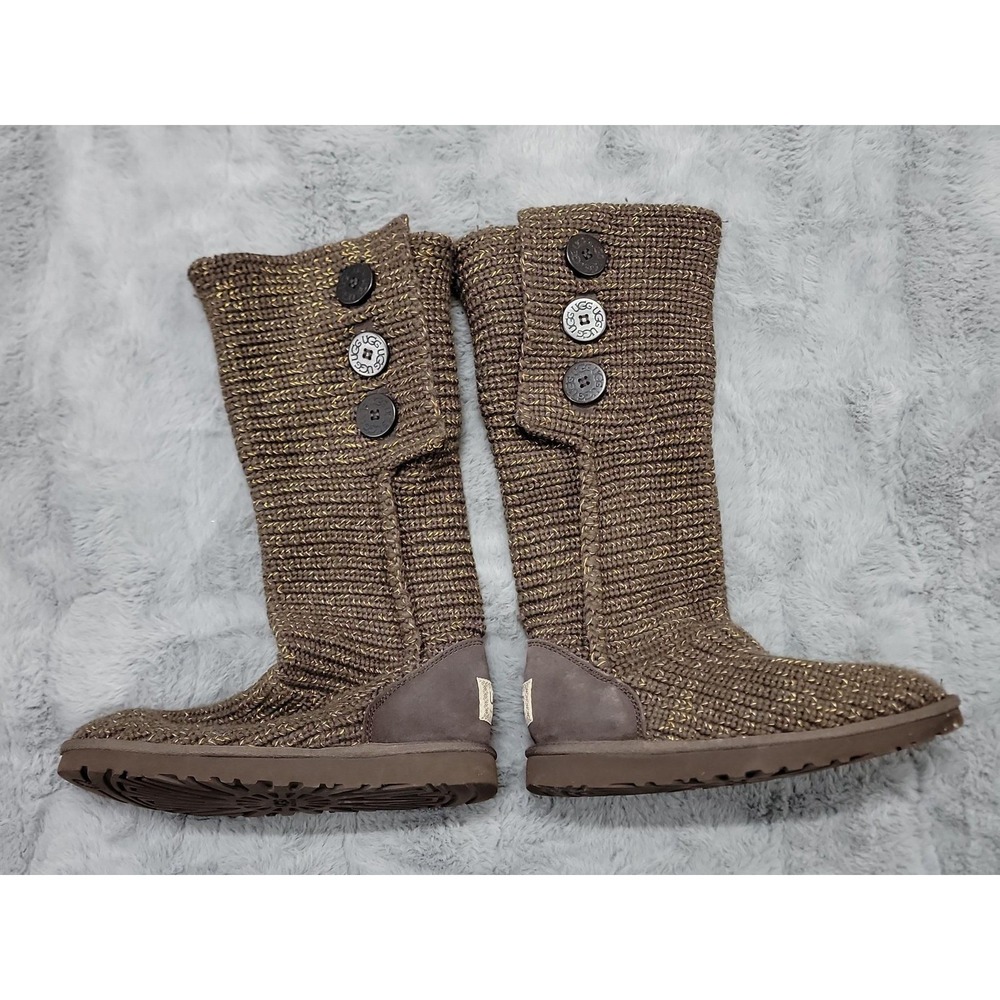 UGG Boots Womens 7 Brown Cardy Knit Button Wool Blend Sheepskin Mid-Calf